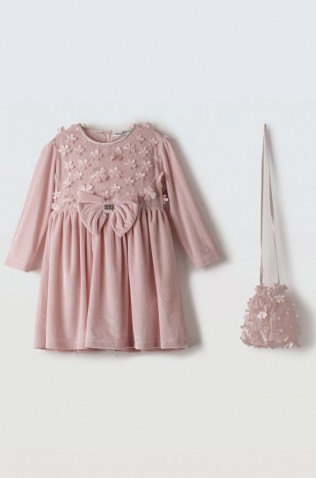 Φόρεμα βελούδινο μακρυμάνικο με στρας για μικρά κορίτσια EBITA 255298 ροζ