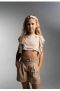 Σετ μπλούζα crop top με βολάν  και σορτς για  κορίτσια EBITA 266062 εκρού- καφέ
