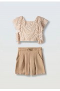 Σετ μπλούζα crop top με βολάν  και σορτς για  κορίτσια EBITA 266062 εκρού- καφέ