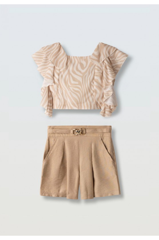 Σετ μπλούζα crop top με βολάν  και σορτς για  κορίτσια EBITA 266062 εκρού- καφέ
