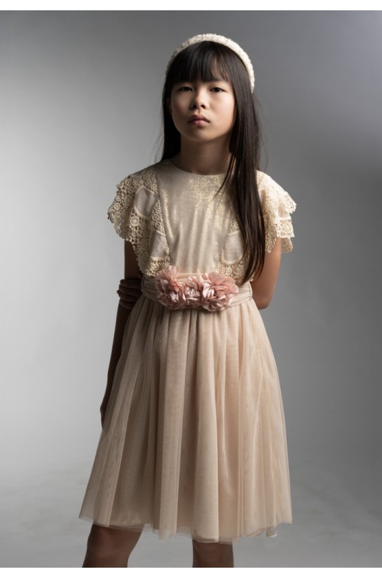 Φόρεμα κοντομάνικο με δαντέλα κιπούρ για κορίτσια  EBITA 266063 μπεζ-χρυσό