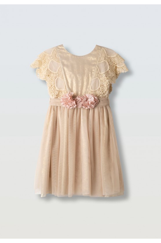 Φόρεμα κοντομάνικο με δαντέλα κιπούρ για κορίτσια  EBITA 266063 μπεζ-χρυσό
