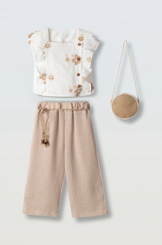 Σετ μπλούζα  με παντελόνα και τσαντάκι για κορίτσια EBITA 266202 μπεζ