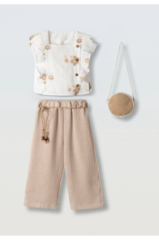 Σετ μπλούζα  με παντελόνα και τσαντάκι για κορίτσια EBITA 266202 μπεζ