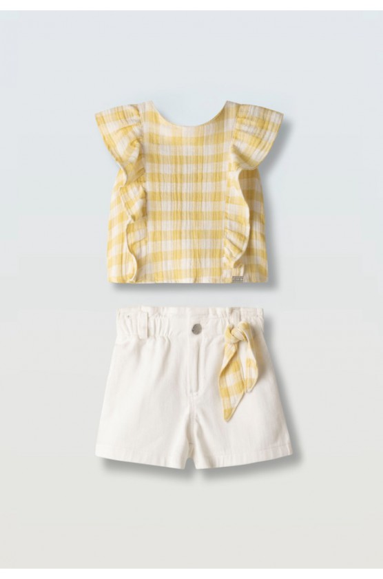 Σετ μπλούζα αμάνικη με τζιν σορτς για μικρά κορίτσια EBITA 266212 λευκό-κίτρινο