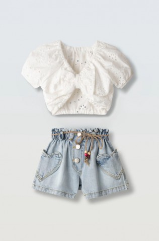 Σετ μπλούζα και σορτσάκι τζιν για μικρά κορίτσια EBITA 266215 λευκό