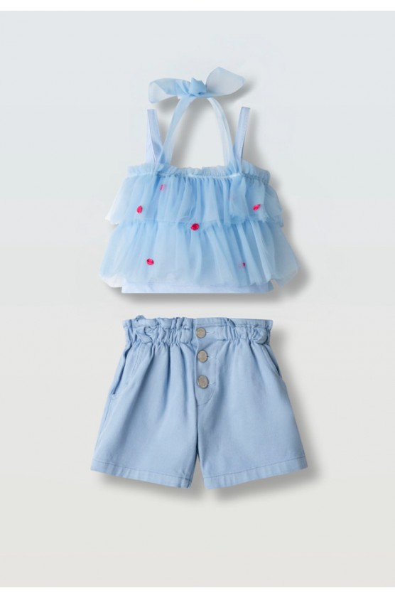 Σετ μπλουζάκι τούλινο  και σορτσάκι τζιν για μικρά κορίτσια EBITA 266216 γαλάζιο