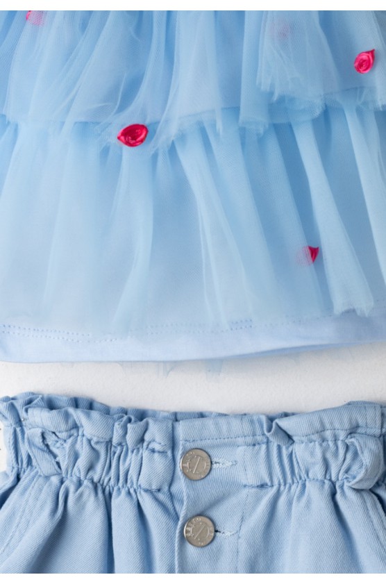 Σετ μπλουζάκι τούλινο  και σορτσάκι τζιν για μικρά κορίτσια EBITA 266216 γαλάζιο