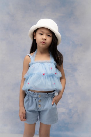 Σετ μπλουζάκι τούλινο  και σορτσάκι τζιν για μικρά κορίτσια EBITA 266216 γαλάζιο