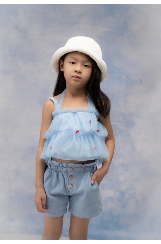 Σετ μπλουζάκι τούλινο  και σορτσάκι τζιν για μικρά κορίτσια EBITA 266216 γαλάζιο