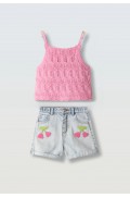 Σετ πλεκτό μπλουζάκι και τζιν σορτς  για μικρά κορίτσια EBITA 2662580 ροζ