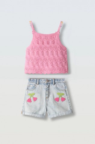 Σετ πλεκτό μπλουζάκι και τζιν σορτς  για μικρά κορίτσια EBITA 2662580 ροζ