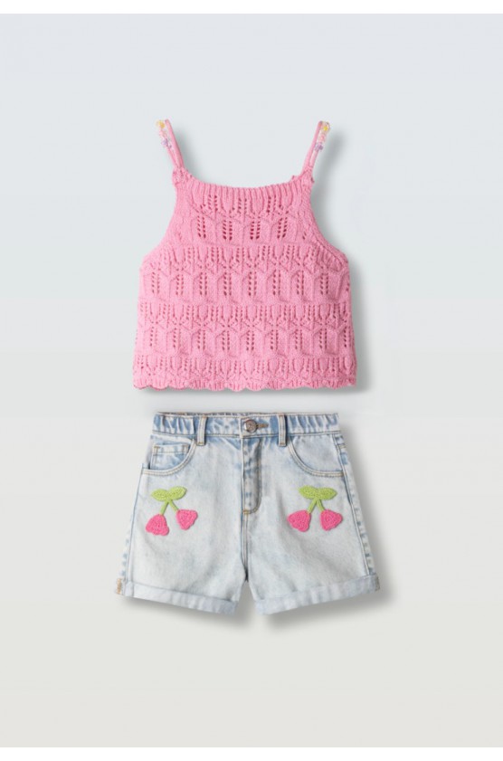 Σετ πλεκτό μπλουζάκι και τζιν σορτς  για μικρά κορίτσια EBITA 2662580 ροζ