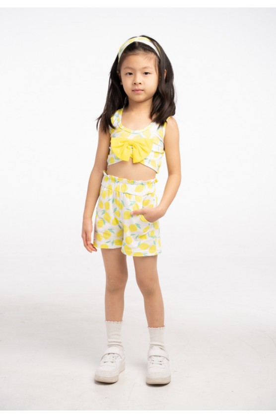 Σετ μπλούζα αμάνικη crop  με σορτς για μικρά κορίτσια EBITA 266264  λευκό-κίτρινο