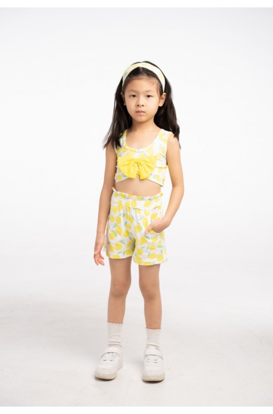 Σετ μπλούζα αμάνικη crop  με σορτς για μικρά κορίτσια EBITA 266264  λευκό-κίτρινο