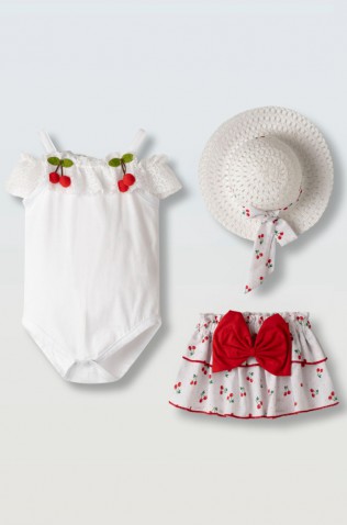 Σετ κορμάκι, φουστίτσα και καπέλο για μικρό κορίτσι ΕΒΙΤΑ 266523 λευκό-κόκκινο