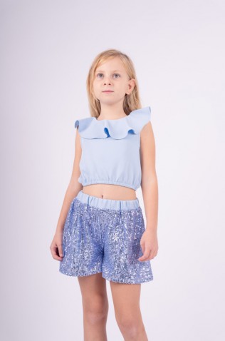 Σετ μπλούζα  Crop top και σορτσάκι παγιέτα για  κορίτσια EBITA 242109 γαλάζιο
