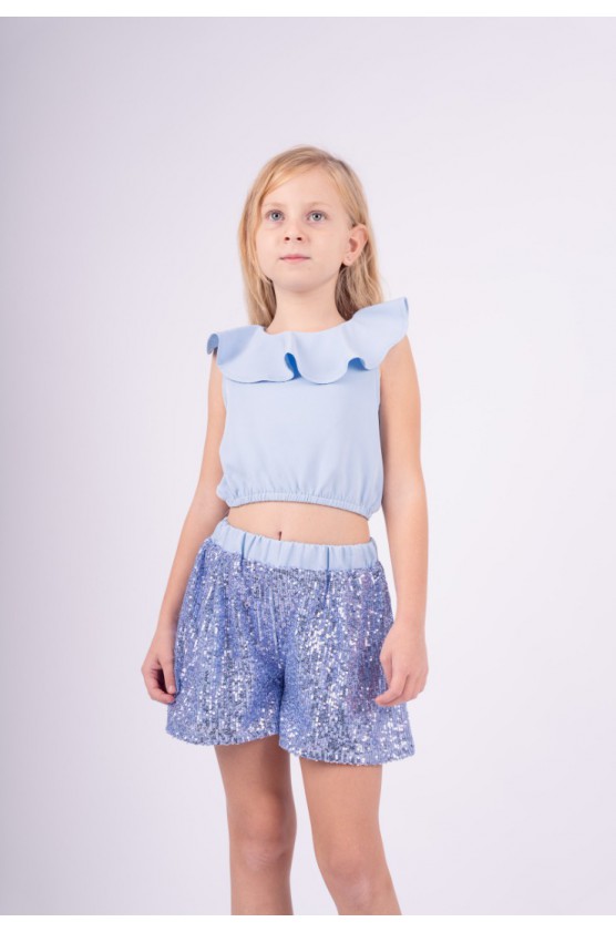 Σετ μπλούζα  Crop top και σορτσάκι παγιέτα για  κορίτσια EBITA 242109 γαλάζιο