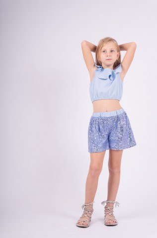 Σετ μπλούζα  Crop top και σορτσάκι παγιέτα για  κορίτσια EBITA 242109 γαλάζιο