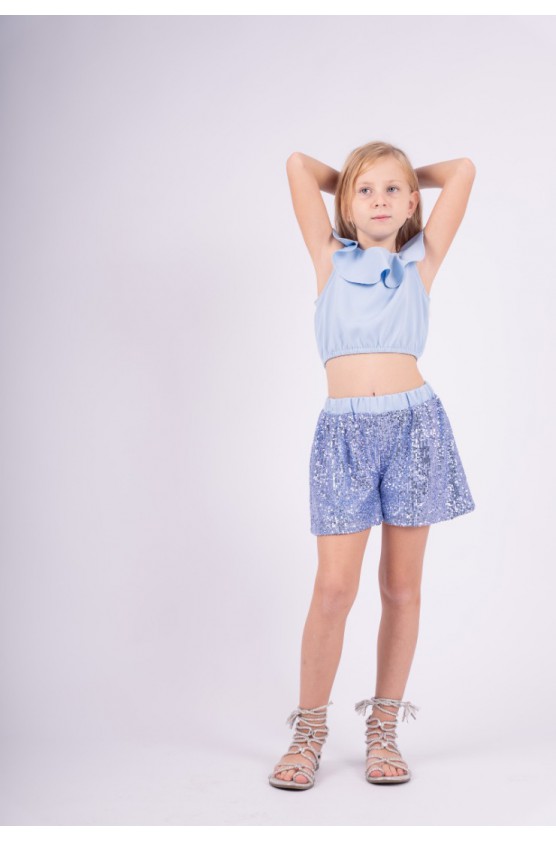 Σετ μπλούζα  Crop top και σορτσάκι παγιέτα για  κορίτσια EBITA 242109 γαλάζιο