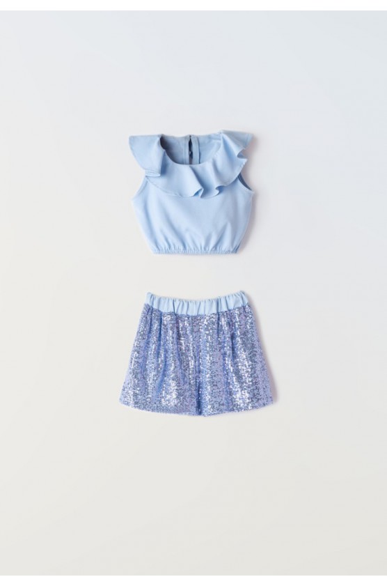 Σετ μπλούζα  Crop top και σορτσάκι παγιέτα για  κορίτσια EBITA 242109 γαλάζιο