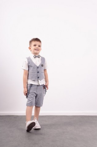 Σετ πουκάμισο, βερμούδα, γιλέκο και παπιγιόν  για μικρό αγόρι Hashtag 242842 γκρι-μπλε