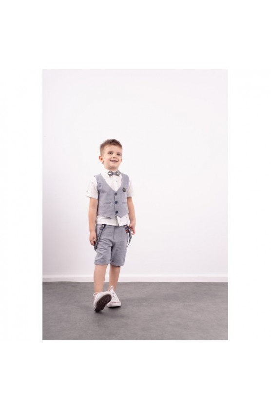 Σετ πουκάμισο, βερμούδα, γιλέκο και παπιγιόν  για μικρό αγόρι Hashtag 242842 γκρι-μπλε