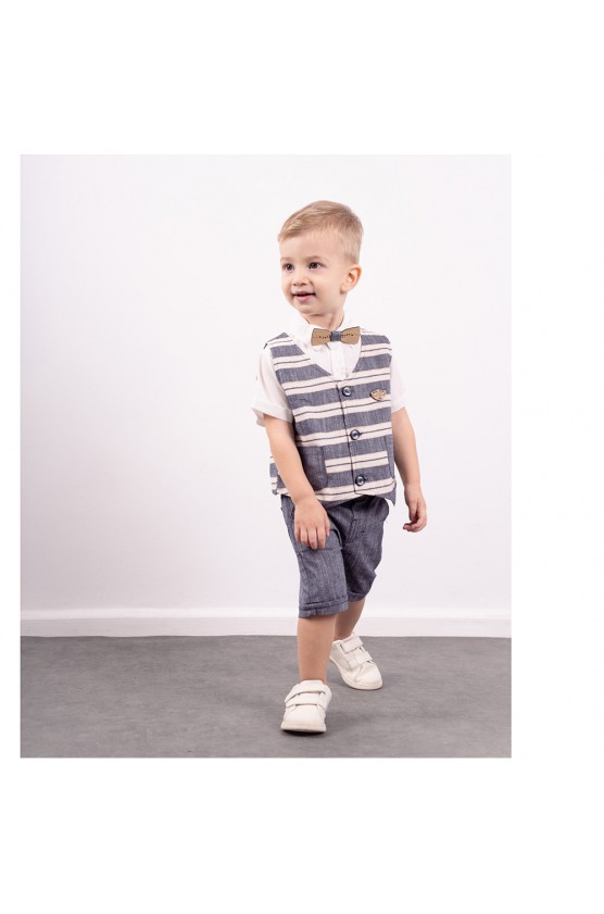Σετ πουκάμισο, βερμούδα, γιλέκο και παπιγιόν  για μικρό αγόρι Hashtag 242601 μπλε