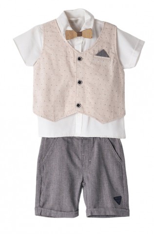 Σετ πουκάμισο, βερμούδα, γιλέκο και παπιγιόν  για μικρό αγόρι Hashtag 242603 γκρι