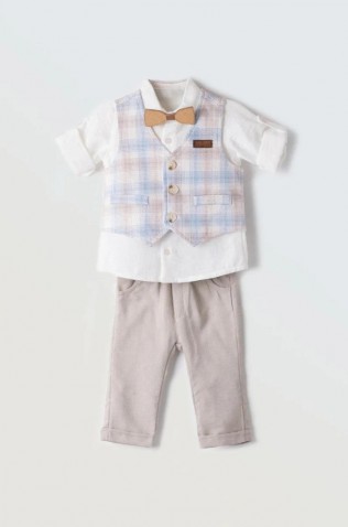 Σετ πουκάμισο, παντελόνι, γιλέκο και παπιγιόν  για μικρό αγόρι Hashtag 254607 Λευκό-Μπεζ