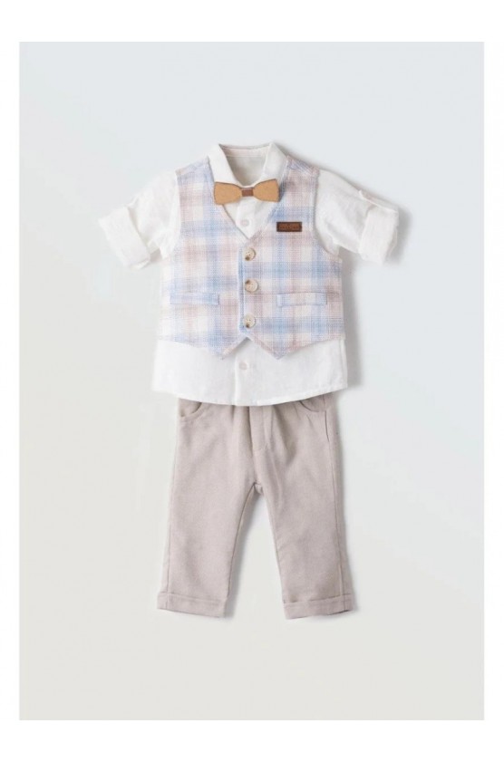 Σετ πουκάμισο, παντελόνι, γιλέκο και παπιγιόν  για μικρό αγόρι Hashtag 254607 Λευκό-Μπεζ