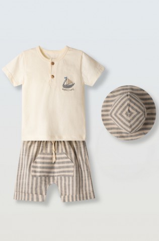 Σετ μπλούζα,  βερμούδα και καπέλο για μικρό αγόρι Hashtag 266602  εκρού-γκρι