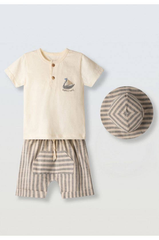 Σετ μπλούζα,  βερμούδα και καπέλο για μικρό αγόρι Hashtag 266602  εκρού-γκρι