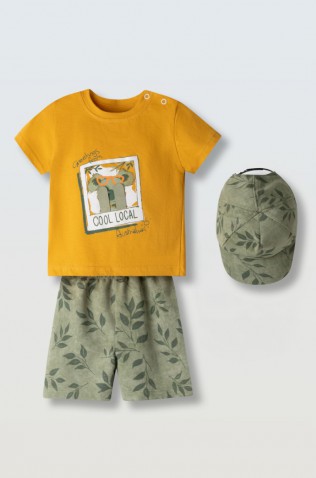 Σετ μπλούζα,  βερμούδα και καπέλο για μικρό αγόρι Hashtag 266606 μουσταρδί-μέντα