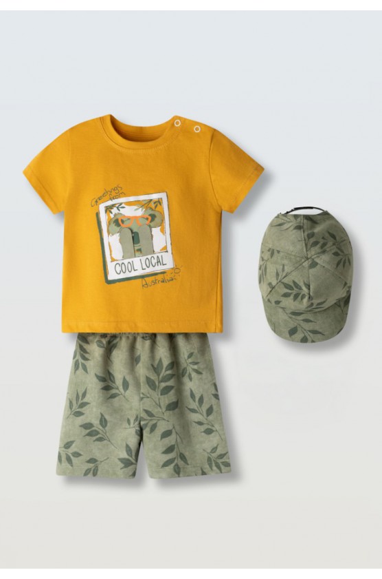 Σετ μπλούζα,  βερμούδα και καπέλο για μικρό αγόρι Hashtag 266606 μουσταρδί-μέντα