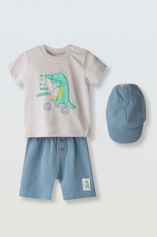 Σετ μπλούζα,  βερμούδα και καπέλο για μικρό αγόρι Hashtag 266610 γκρι-γαλάζιο