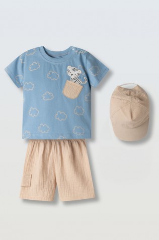 Σετ μπλούζα,  βερμούδα και καπέλο για μικρό αγόρι Hashtag 266611 γαλάζιο-μπεζ