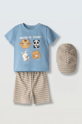 Σετ μπλούζα,  βερμούδα και καπέλο για μικρό αγόρι Hashtag 266612 γαλάζιο-μπεζ