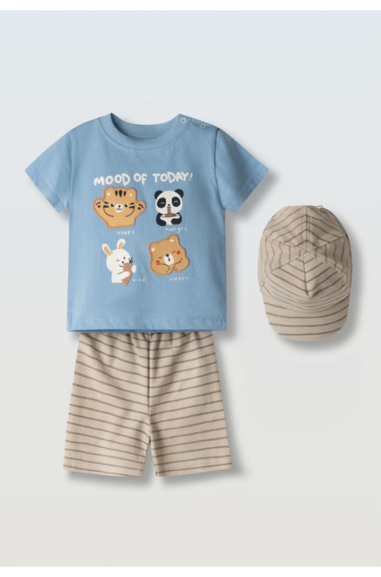 Σετ μπλούζα,  βερμούδα και καπέλο για μικρό αγόρι Hashtag 266612 γαλάζιο-μπεζ