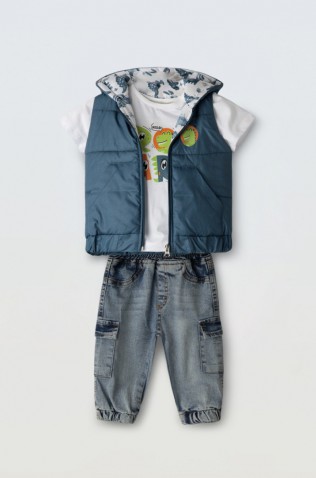 Σετ αμάνικο μπουφάν , τζιν παντελόνι και μπλουζάκι για μικρό αγόρι Hashtag 266618 μπλε
