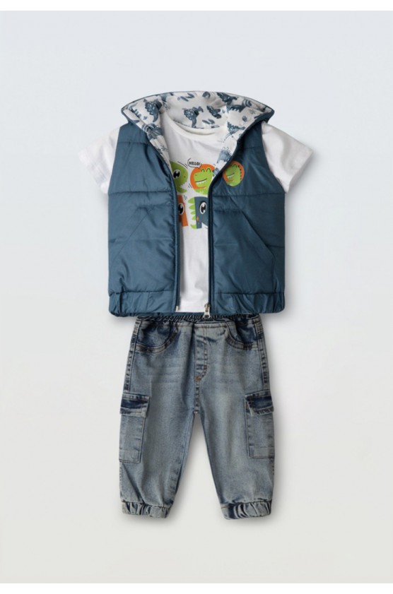 Σετ αμάνικο μπουφάν , τζιν παντελόνι και μπλουζάκι για μικρό αγόρι Hashtag 266618 μπλε