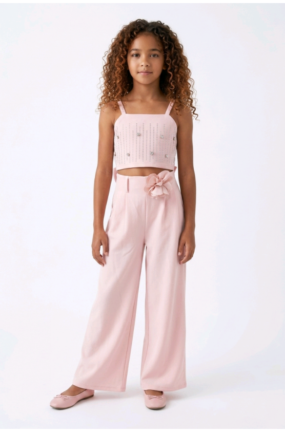 Σετ μπλούζα crop και παντελόνα για  κορίτσια 26300 ροζ απαλό