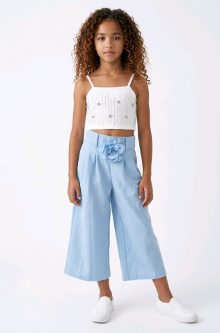 Σετ μπλούζα crop και παντελόνα για  κορίτσια 26300 λευκό-γαλάζιο
