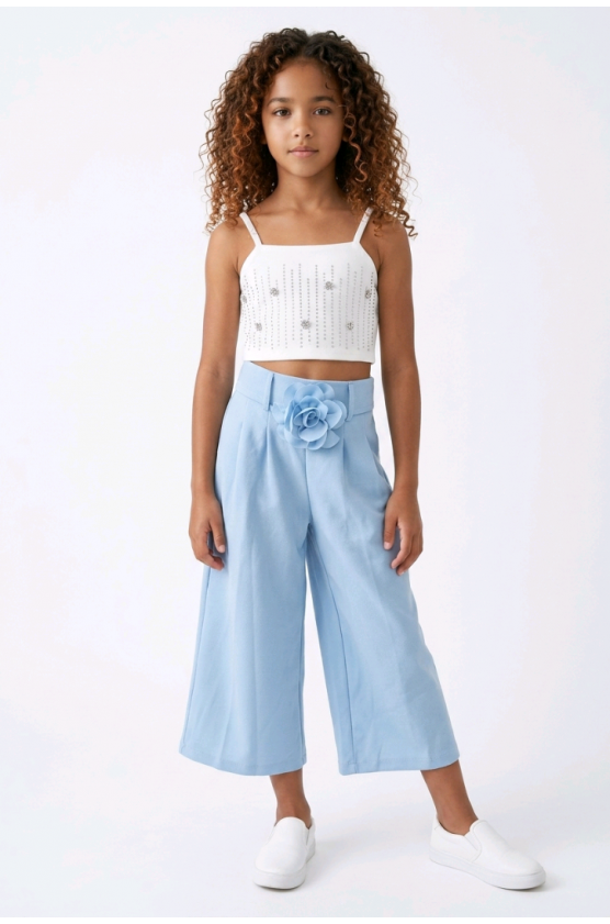 Σετ μπλούζα crop και παντελόνα για  κορίτσια 26300 λευκό-γαλάζιο