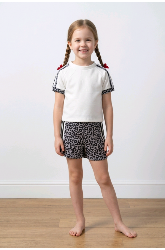 Σετ μπλούζα και σορτσάκι για  κορίτσια λεοπάρ 26094 λευκό-μαύρο
