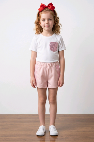 Σετ μπλούζα και σορτσάκι για  κορίτσια  26094 λευκό-ροζ πούδρα