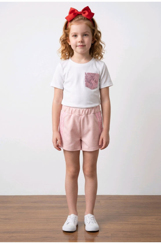Σετ μπλούζα και σορτσάκι για  κορίτσια  26094 λευκό-ροζ πούδρα
