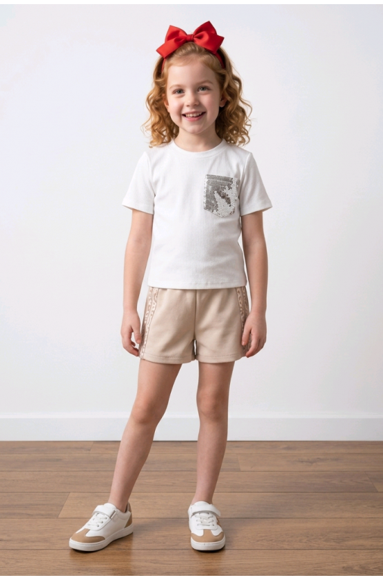Σετ μπλούζα και σορτσάκι για  κορίτσια  26293 λευκό-μπεζ