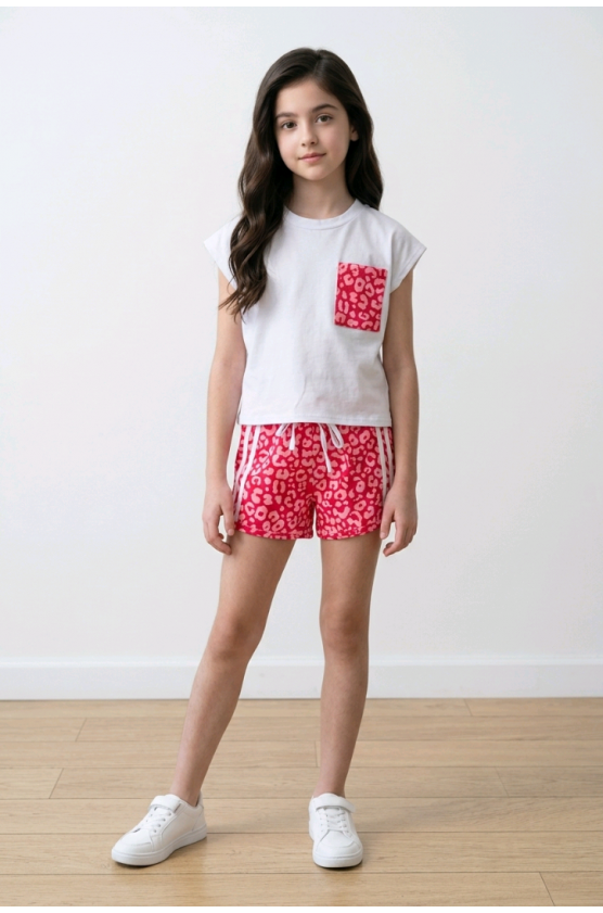 Σετ μπλούζα και σορτσάκι για  κορίτσια λεοπάρ 3223 κόκκινο