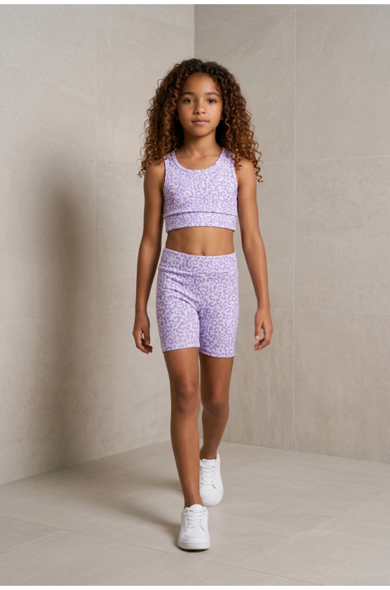 Σετ Crop top  και ποδηλατικό κολάν λεοπαρ για  κορίτσια  26352 λιλά
